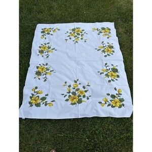 Vintage Table Cloth California Hand Prints Cotton Hibiscus Flower Yellow